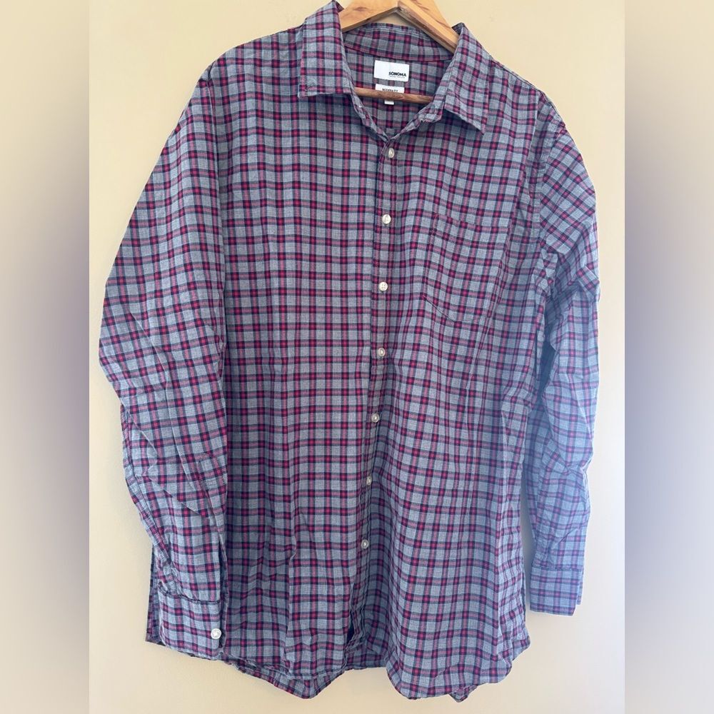 Sonoma Men's Plaid Shirt - Burgundy and Gray